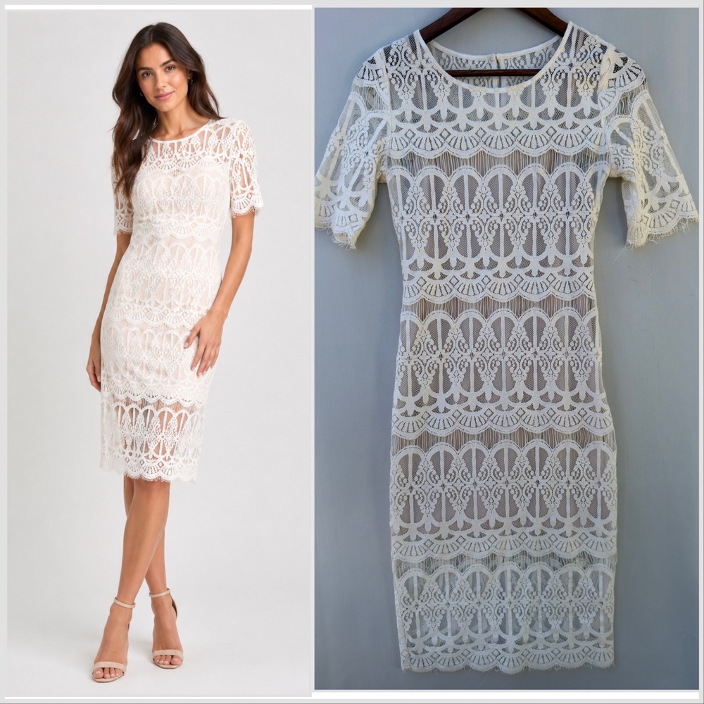 JOA Ivory Lace Midi Dress Small Nude Lined Bridal Shower Wedding Guest S